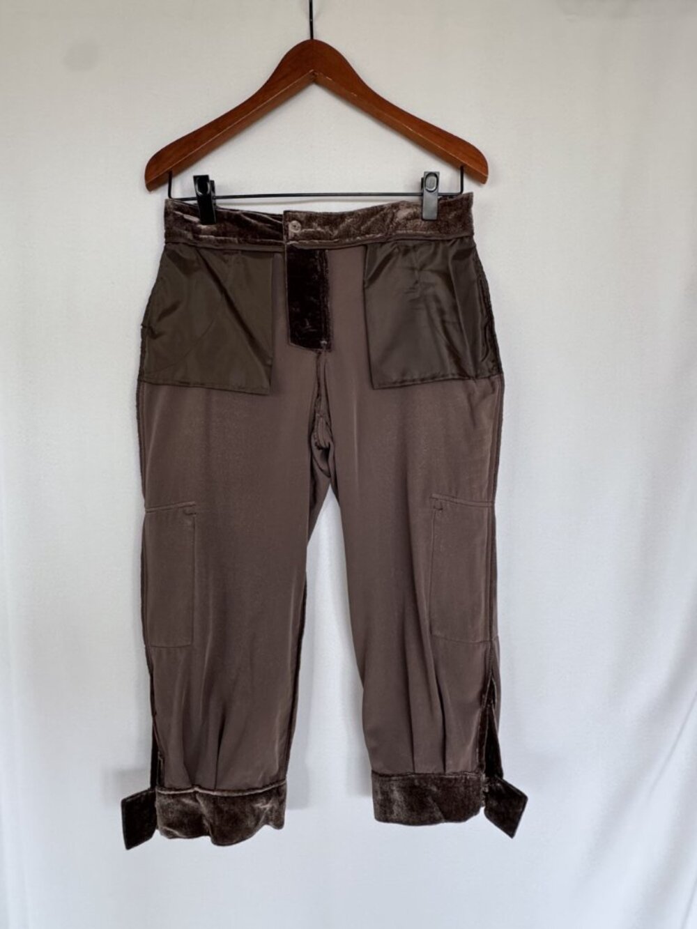 Y2k Metro 7 Chocolate Brown Crushed Velvet Mid Rise Cargo Jogger Capris Size 6 - Picture 10 of 13